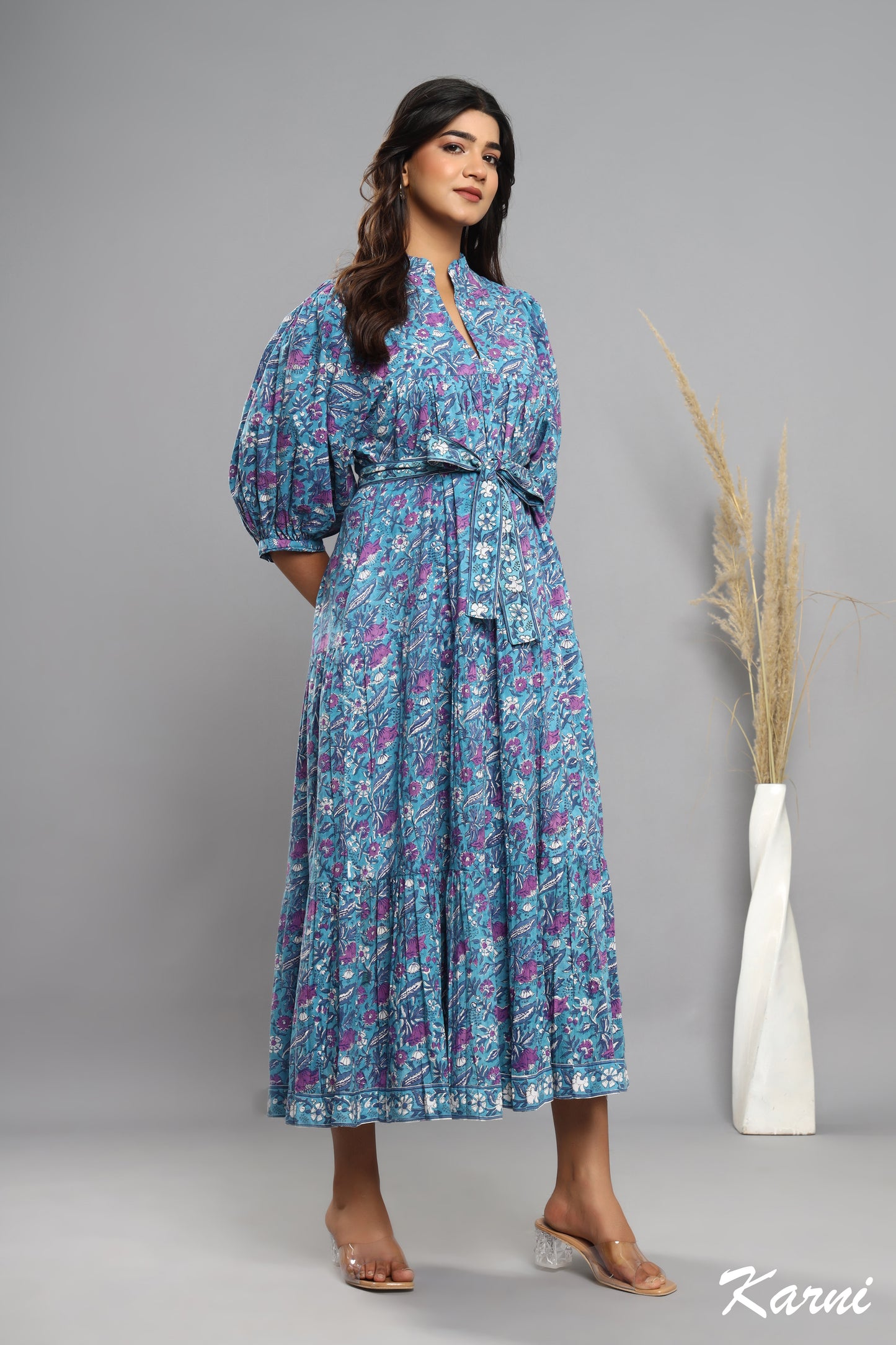 indian cotton blue- pink floral block printed women's maxi dress - 3/4th sleeves with belt long dress