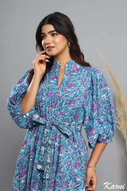 indian cotton blue- pink floral block printed women's maxi dress - 3/4th sleeves with belt long dress