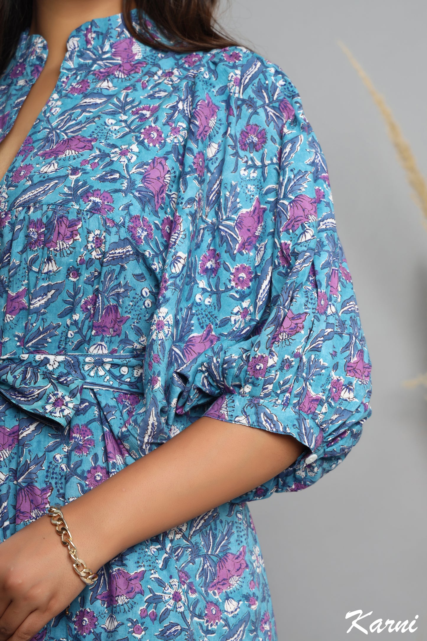 indian cotton blue- pink floral block printed women's maxi dress - 3/4th sleeves with belt long dress