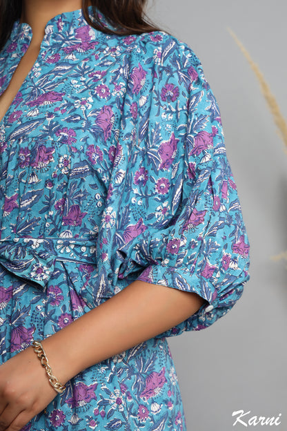 indian cotton blue- pink floral block printed women's maxi dress - 3/4th sleeves with belt long dress