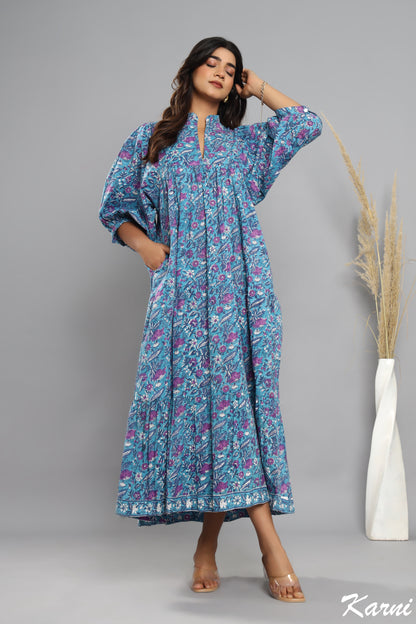 indian cotton blue- pink floral block printed women's maxi dress - 3/4th sleeves with belt long dress