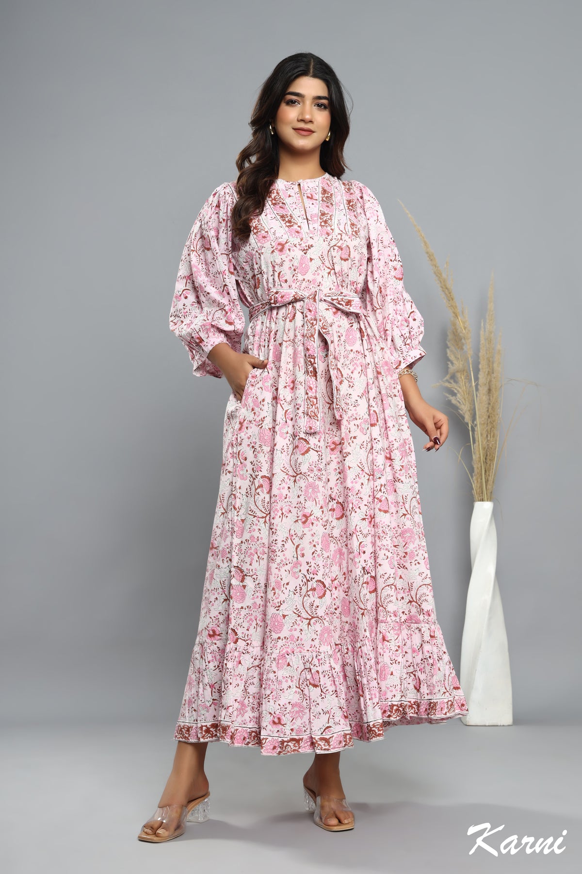 cotton pink floral hand block printed women's maxi dress - Hanley neck with belt long dress