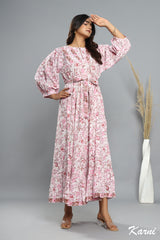 cotton pink floral hand block printed women's maxi dress - Hanley neck with belt long dress