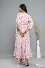 cotton pink floral hand block printed women's maxi dress - Hanley neck with belt long dress