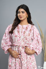 cotton pink floral hand block printed women's maxi dress - Hanley neck with belt long dress