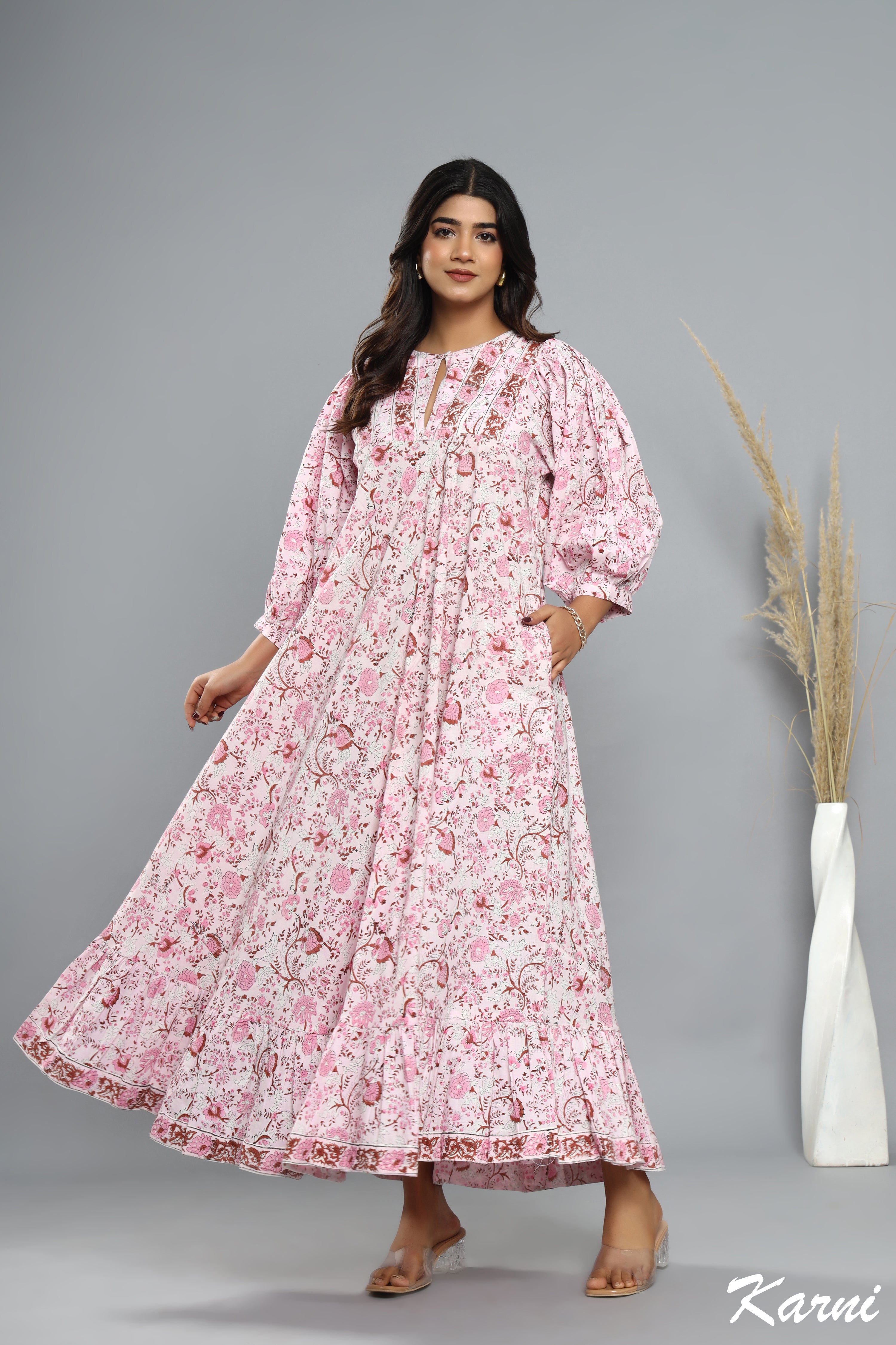 cotton pink floral hand block printed women's maxi dress - Hanley neck with belt long dress