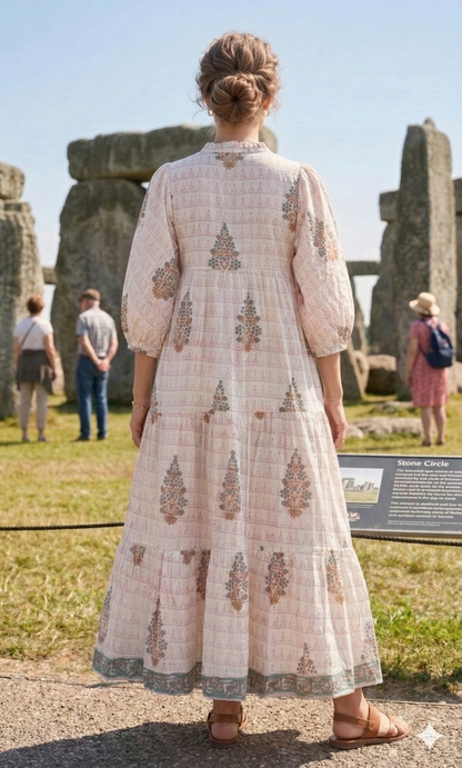 Blush Pink Floral Hand Block Print Cotton Maxi Dress – Boho Puff Sleeve Tiered Dress