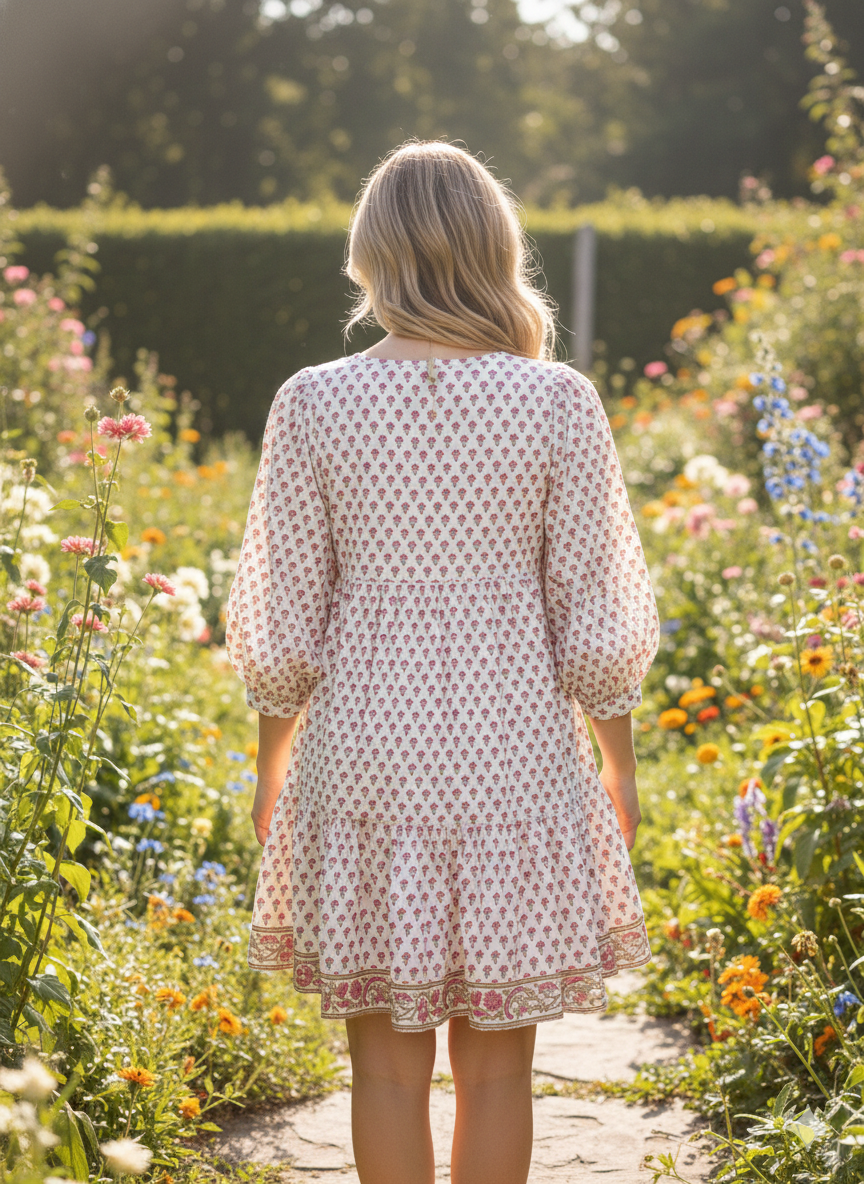 White Red Floral Hand Block Printed Cotton Midi Dress – Boho Indian Tiered Dress