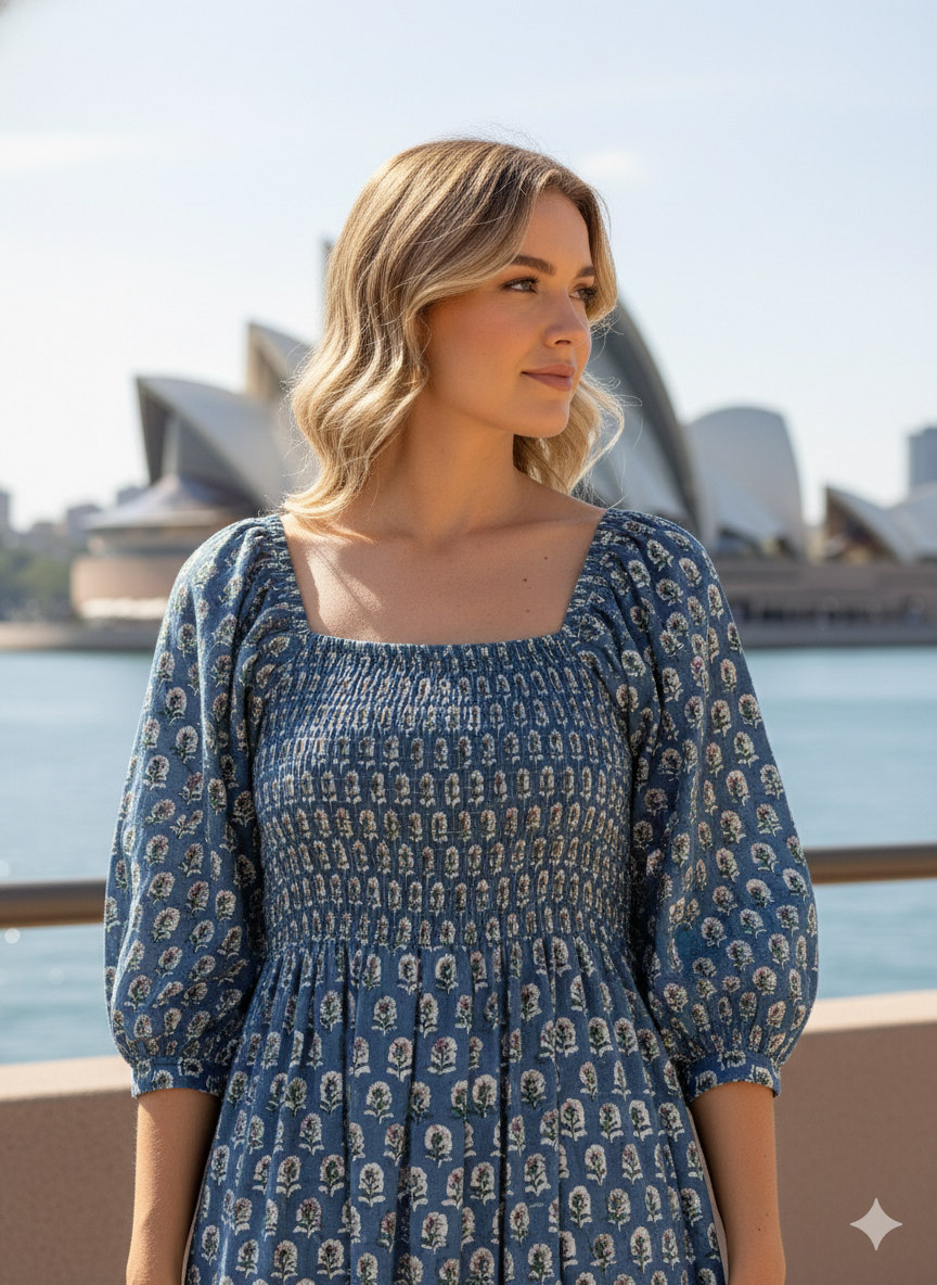 Blue Hand Block Printed Cotton Midi Dress – Smocked Bodice Puff Sleeve Boho Dress