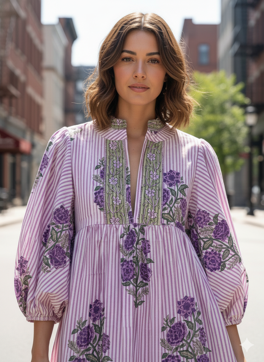 Pink Purple Floral Stripe Block Print Cotton Midi Dress – Boho Handmade Tiered Dress with Puff Sleeves & Contrast Yoke