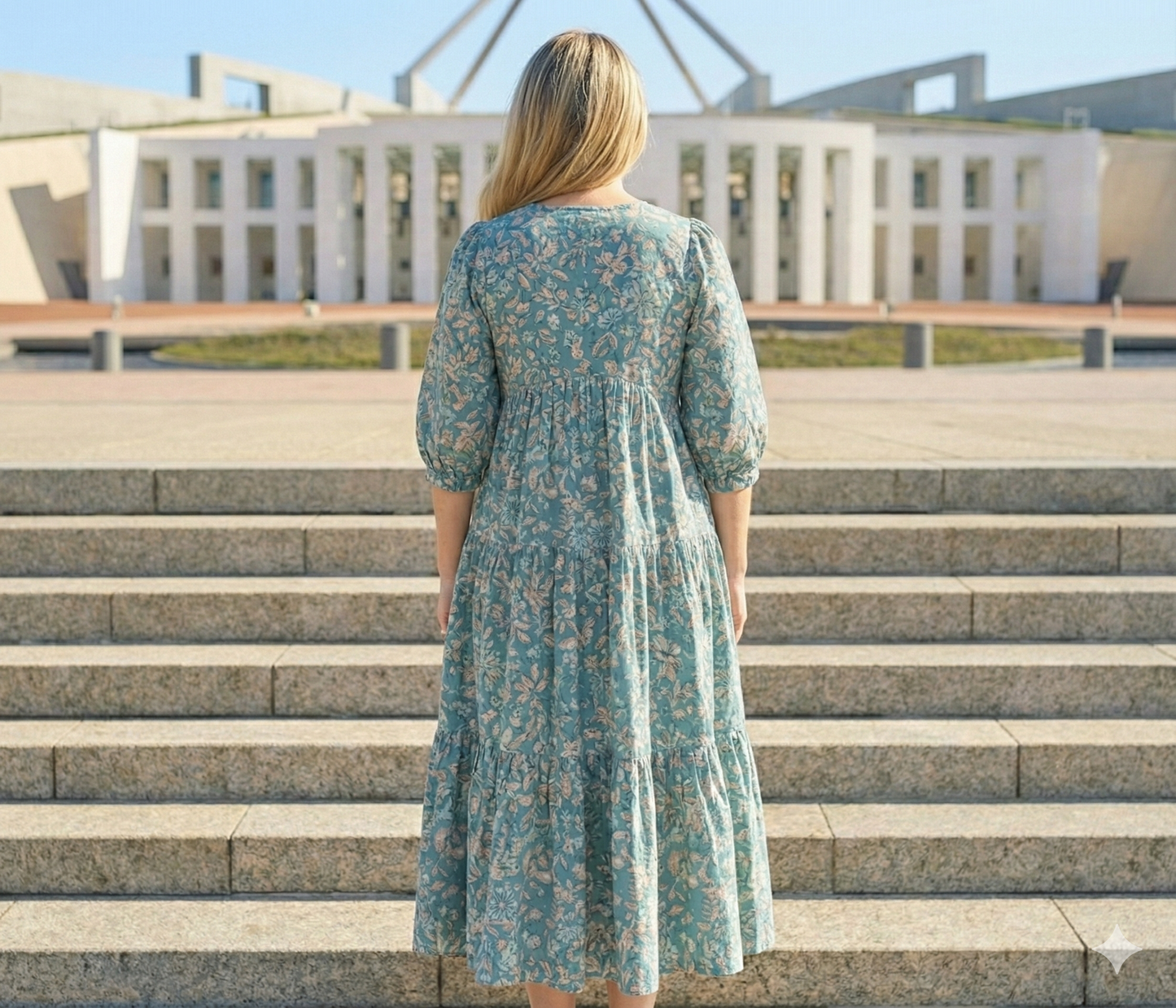 Teal Floral Hand Block Printed Cotton Maxi Dress – Indian Boho Tiered Long Dress