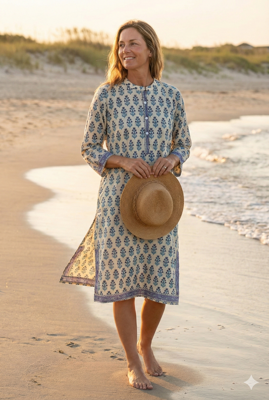 Ivory Blue Floral Hand Block Printed Cotton Kurta – Women’s Indian Tunic Dress