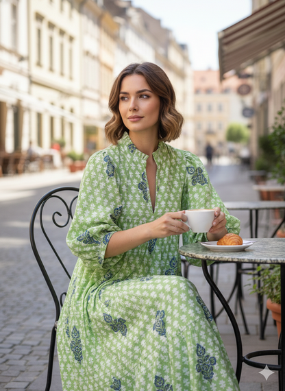 Light Green Floral Hand Block Printed Cotton Midi Dress – Indian Boho Dress