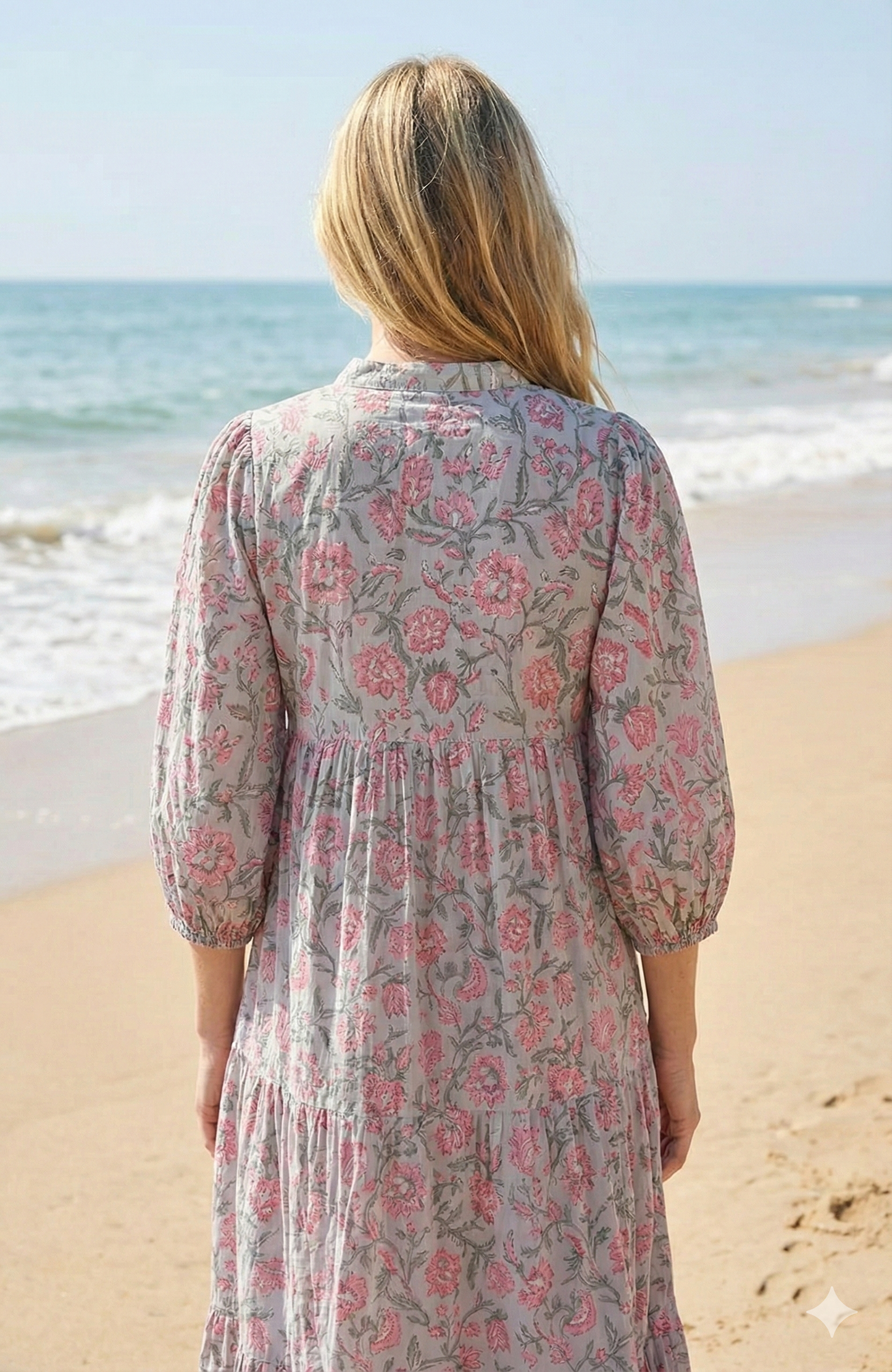 Grey Pink Floral Hand Block Printed Cotton Maxi Dress – Tiered Boho Women’s Dress