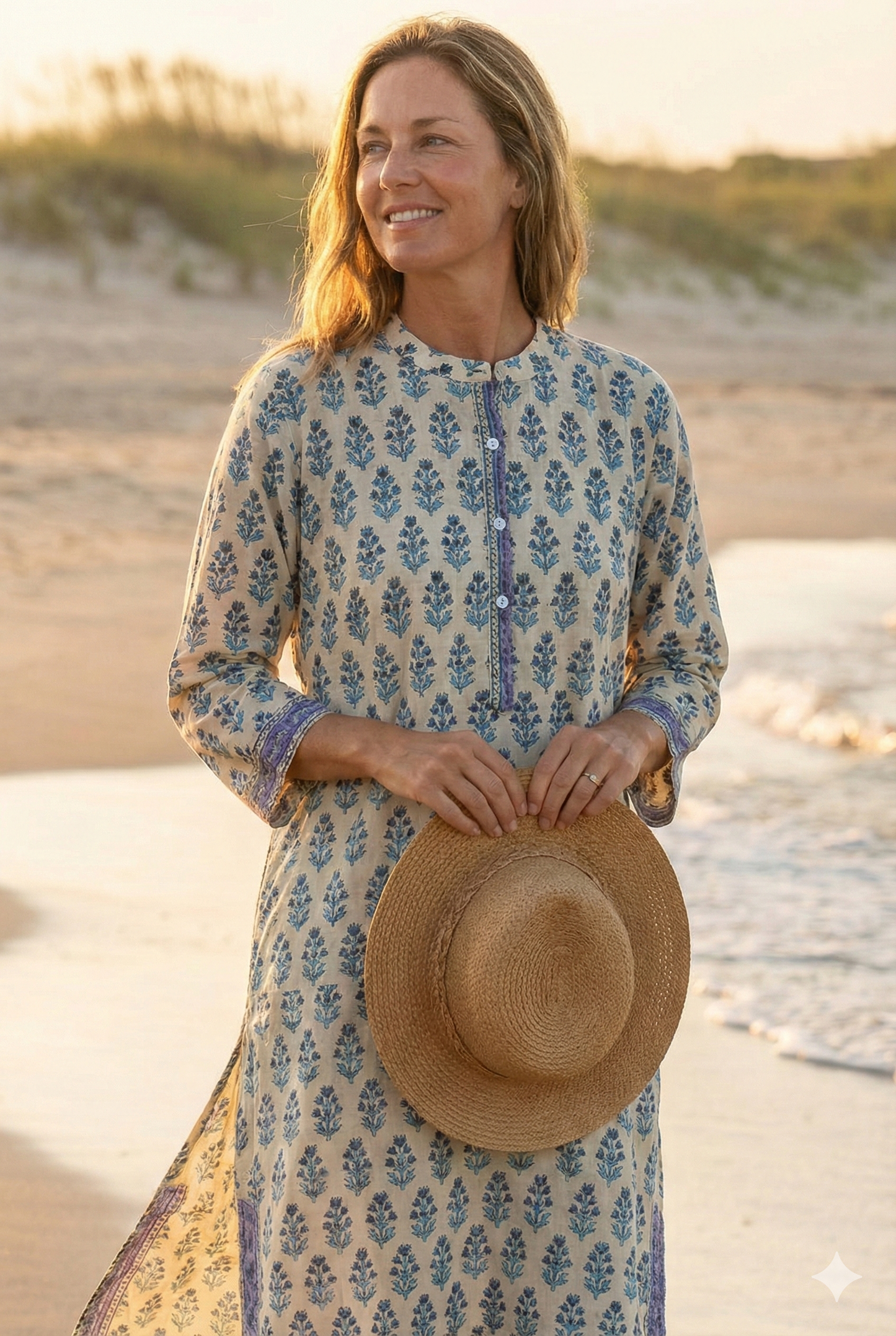 Ivory Blue Floral Hand Block Printed Cotton Kurta – Women’s Indian Tunic Dress