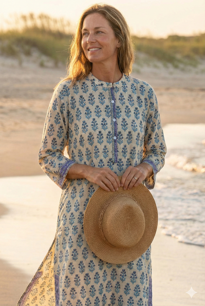 Ivory Blue Floral Hand Block Printed Cotton Kurta – Women’s Indian Tunic Dress