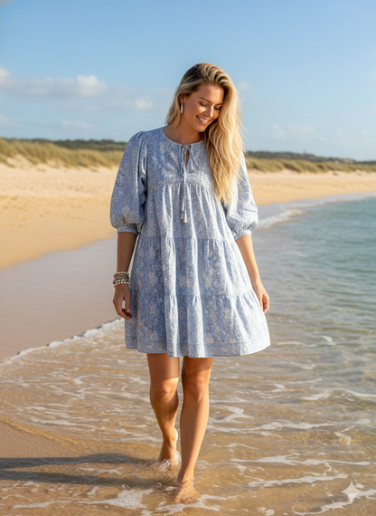Light Blue Floral Hand Block Printed Cotton Short Dress – Puff Sleeve Boho Summer Dress