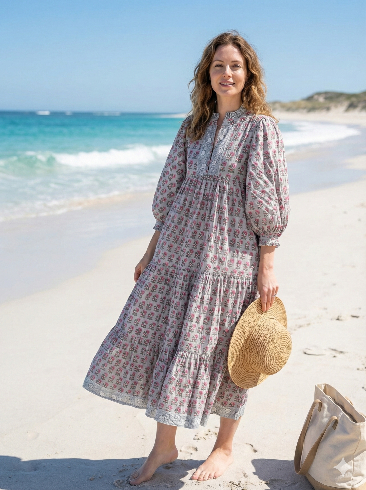 Grey Pink Floral Hand Block Printed Cotton Maxi Dress – Tiered Boho Women’s Dress