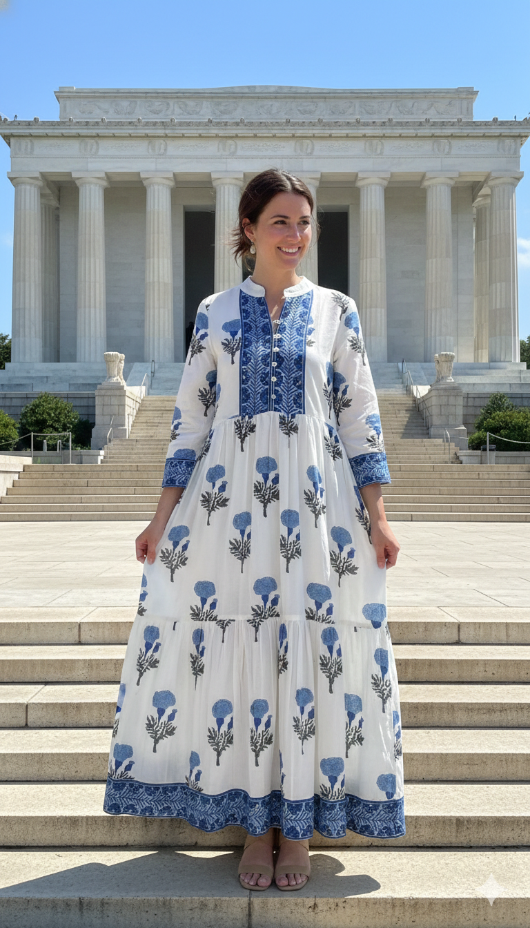 Blue Floral Cotton Maxi Dress – Long Sleeve Boho Style, Collared Neckline