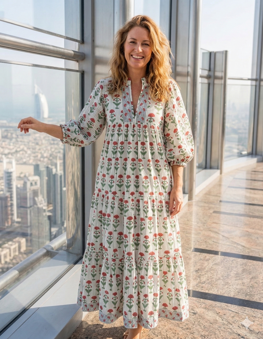 Red Floral Hand Block Print Cotton Maxi Dress – Boho Puff Sleeve Tiered Dress