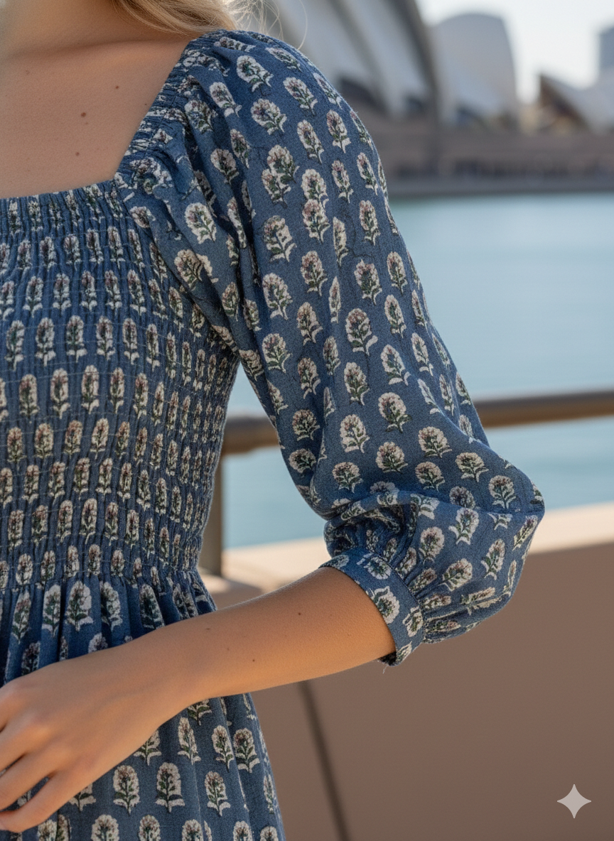 Blue Hand Block Printed Cotton Midi Dress – Smocked Bodice Puff Sleeve Boho Dress