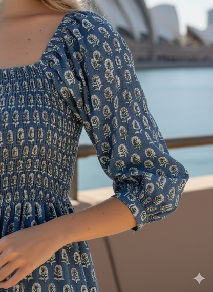 Blue Hand Block Printed Cotton Midi Dress – Smocked Bodice Puff Sleeve Boho Dress