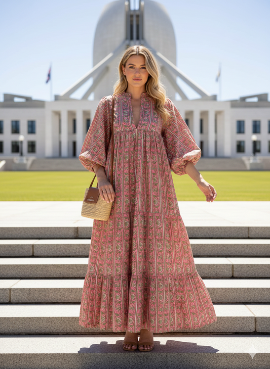 Rose Pink Green Block Print Cotton Maxi Dress – Puff Sleeve Boho Tiered Dress