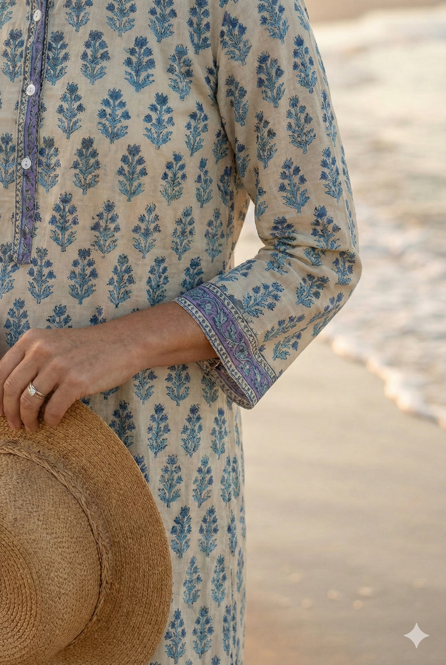 Ivory Blue Floral Hand Block Printed Cotton Kurta – Women’s Indian Tunic Dress