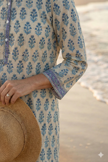 Ivory Blue Floral Hand Block Printed Cotton Kurta – Women’s Indian Tunic Dress