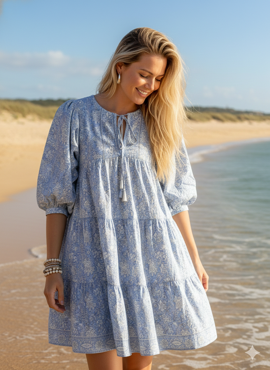 Light Blue Floral Hand Block Printed Cotton Short Dress – Puff Sleeve Boho Summer Dress