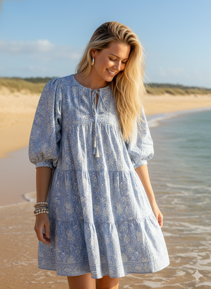 Light Blue Floral Hand Block Printed Cotton Short Dress – Puff Sleeve Boho Summer Dress