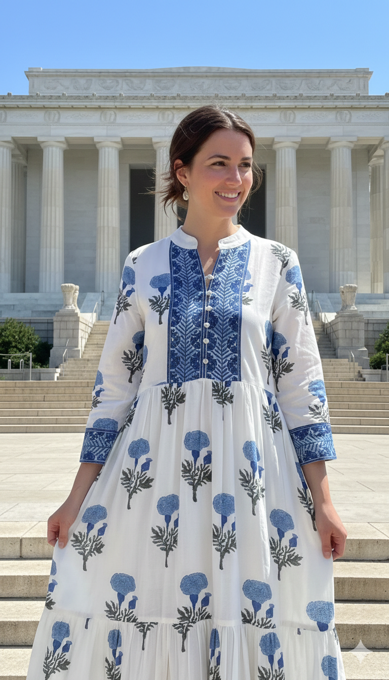 Blue Floral Cotton Maxi Dress – Long Sleeve Boho Style, Collared Neckline