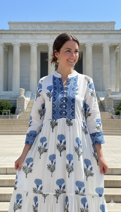 Blue Floral Cotton Maxi Dress – Long Sleeve Boho Style, Collared Neckline