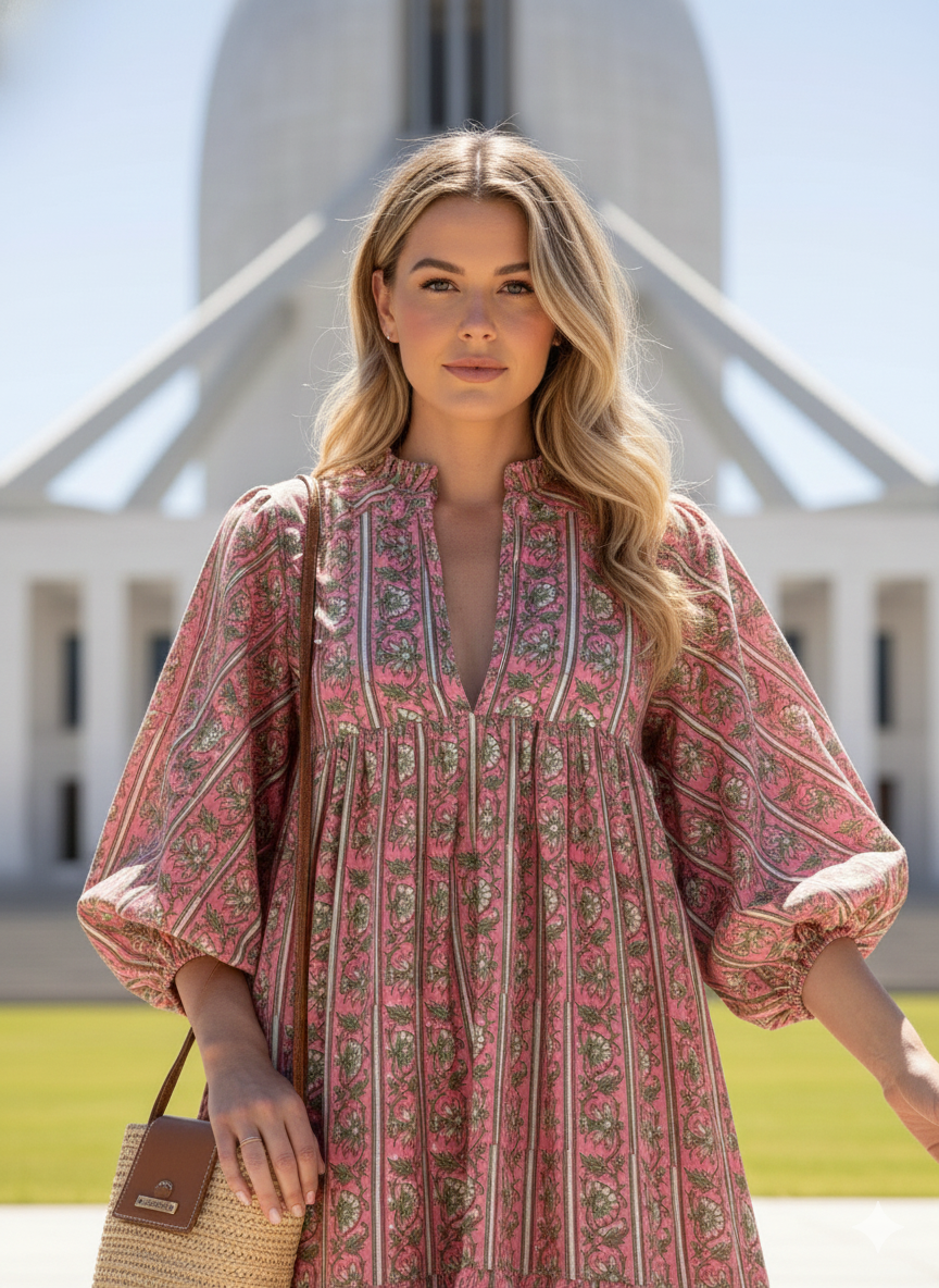 Rose Pink Green Block Print Cotton Maxi Dress – Puff Sleeve Boho Tiered Dress