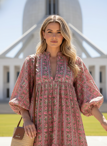 Rose Pink Green Block Print Cotton Maxi Dress – Puff Sleeve Boho Tiered Dress