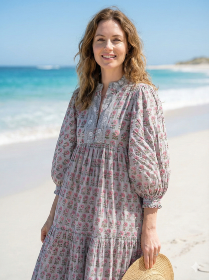 Grey Pink Floral Hand Block Printed Cotton Maxi Dress – Tiered Boho Women’s Dress