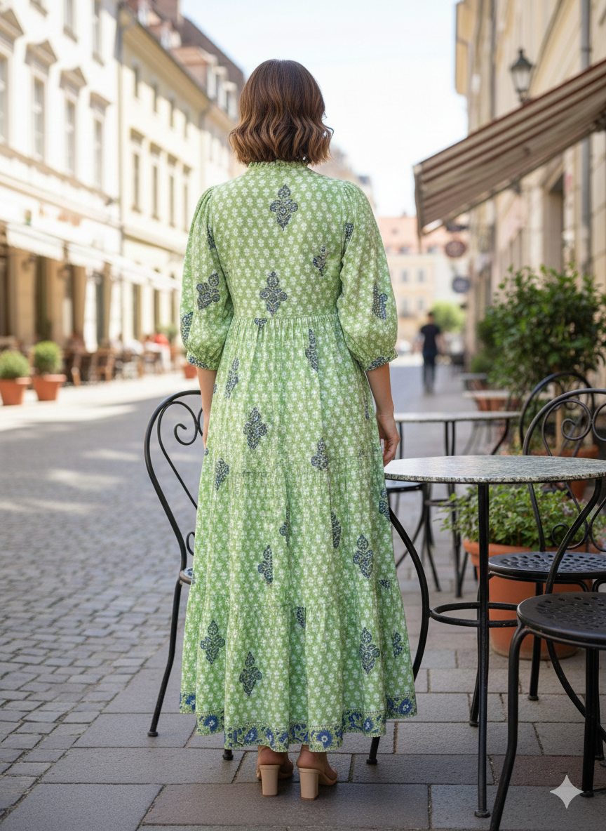 Light Green Floral Hand Block Printed Cotton Midi Dress – Indian Boho Dress