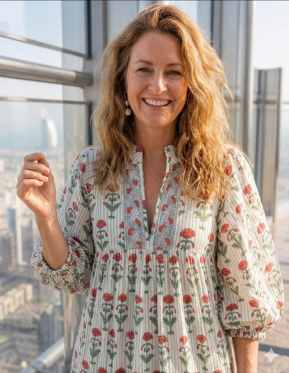 Red Floral Hand Block Print Cotton Maxi Dress – Boho Puff Sleeve Tiered Dress