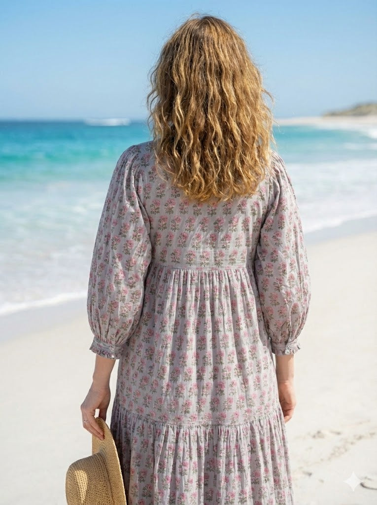 Grey Pink Floral Hand Block Printed Cotton Maxi Dress – Tiered Boho Women’s Dress