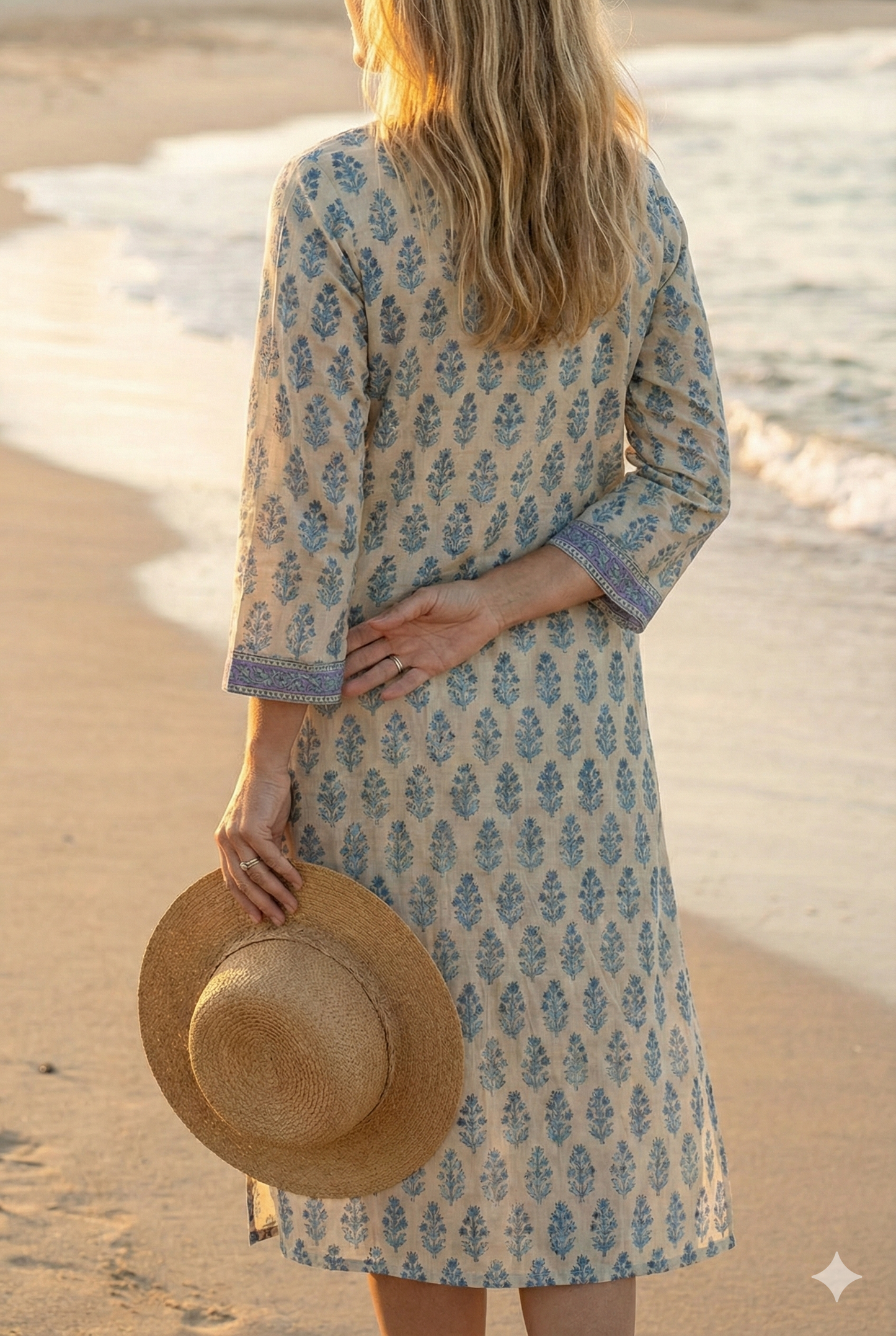 Ivory Blue Floral Hand Block Printed Cotton Kurta – Women’s Indian Tunic Dress