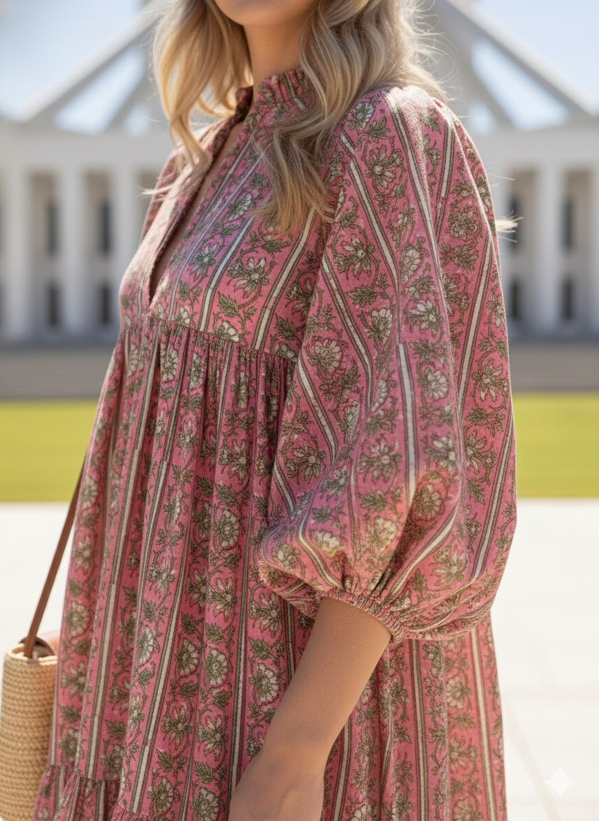 Rose Pink Green Block Print Cotton Maxi Dress – Puff Sleeve Boho Tiered Dress
