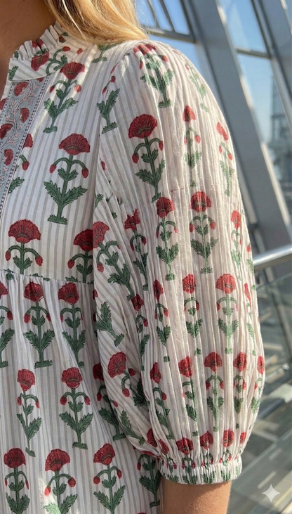 Red Floral Hand Block Print Cotton Maxi Dress – Boho Puff Sleeve Tiered Dress