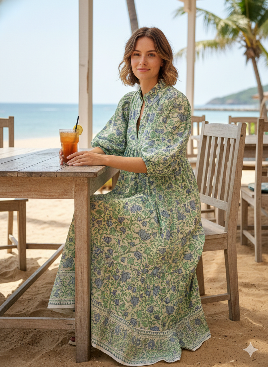 Sage Green Blue Floral Hand Block Printed Cotton Midi Dress – Puff Sleeve Boho Indian Dress