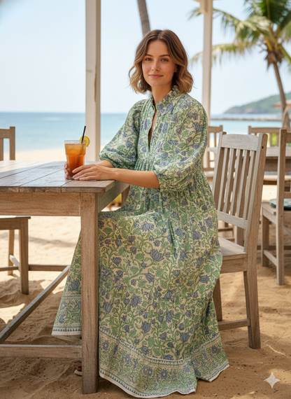 Sage Green Blue Floral Hand Block Printed Cotton Midi Dress – Puff Sleeve Boho Indian Dress
