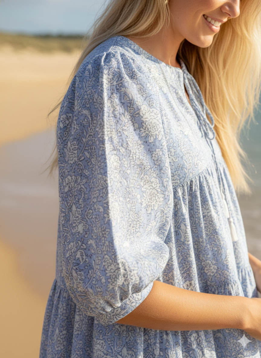 Light Blue Floral Hand Block Printed Cotton Short Dress – Puff Sleeve Boho Summer Dress