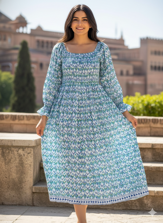 Blue Geometric Block Print Cotton Midi Dress – Square Neck Smocked Bohemian Dress