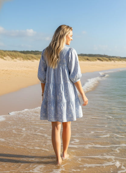 Light Blue Floral Hand Block Printed Cotton Short Dress – Puff Sleeve Boho Summer Dress