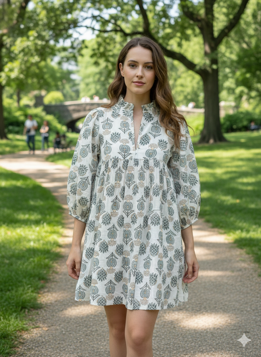 Ivory Grey Floral Hand Block Print Cotton Midi Dress – Puff Sleeve Boho Summer Dress
