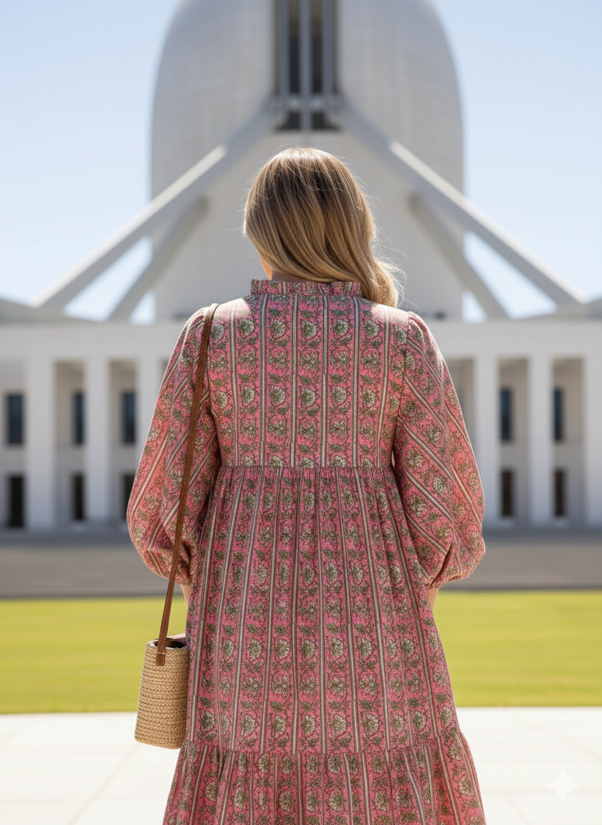 Rose Pink Green Block Print Cotton Maxi Dress – Puff Sleeve Boho Tiered Dress