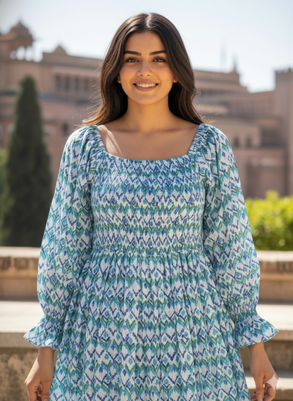Blue Geometric Block Print Cotton Midi Dress – Square Neck Smocked Bohemian Dress